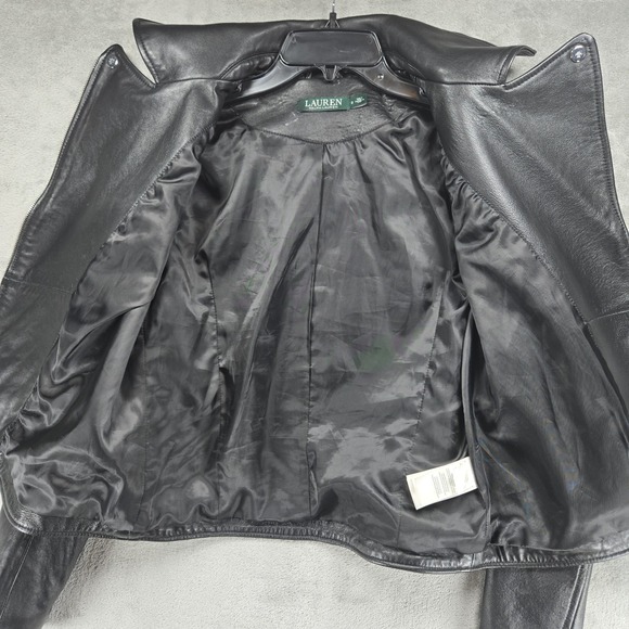 Lauren Ralph Lauren Womens Black Leather Moto Biker Jacket Lined Size Small READ - Picture 6 of 10